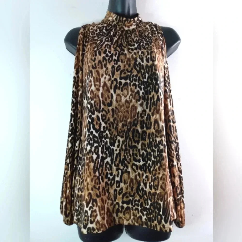 Long Sleeve Cut Out Shoulders Animal Print Women's Ladies Blouse Shirt Top